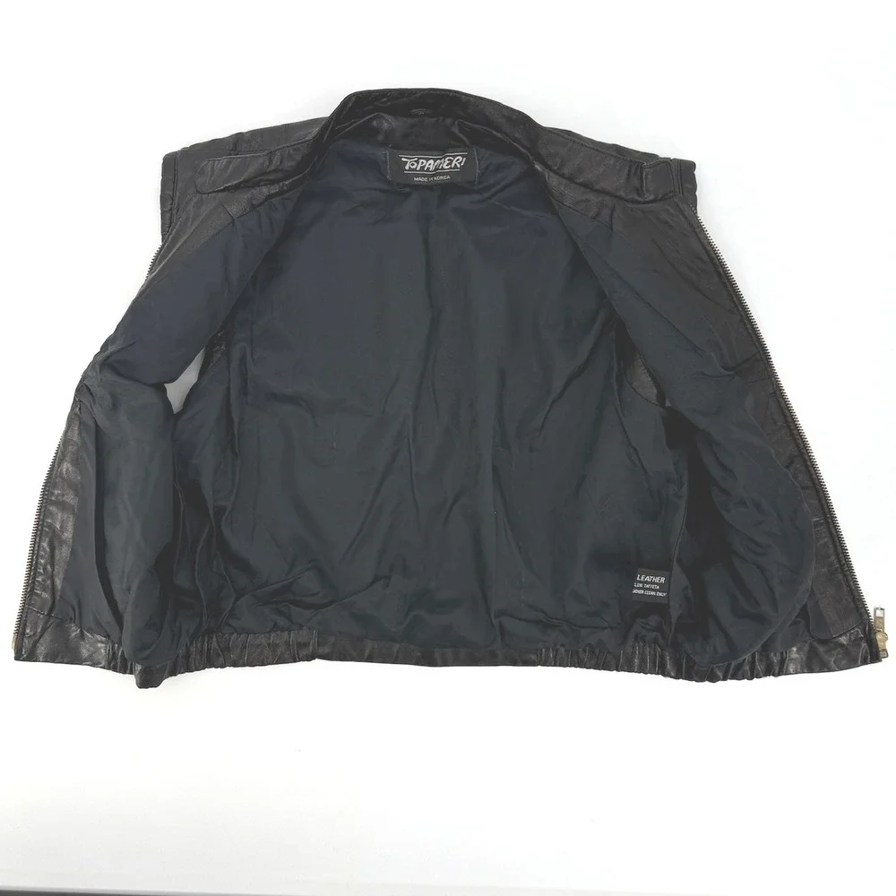 Vintage TOPAMERI Black Genuine Leather Mock Neck Zip Up Fall Vest Women's Size M
